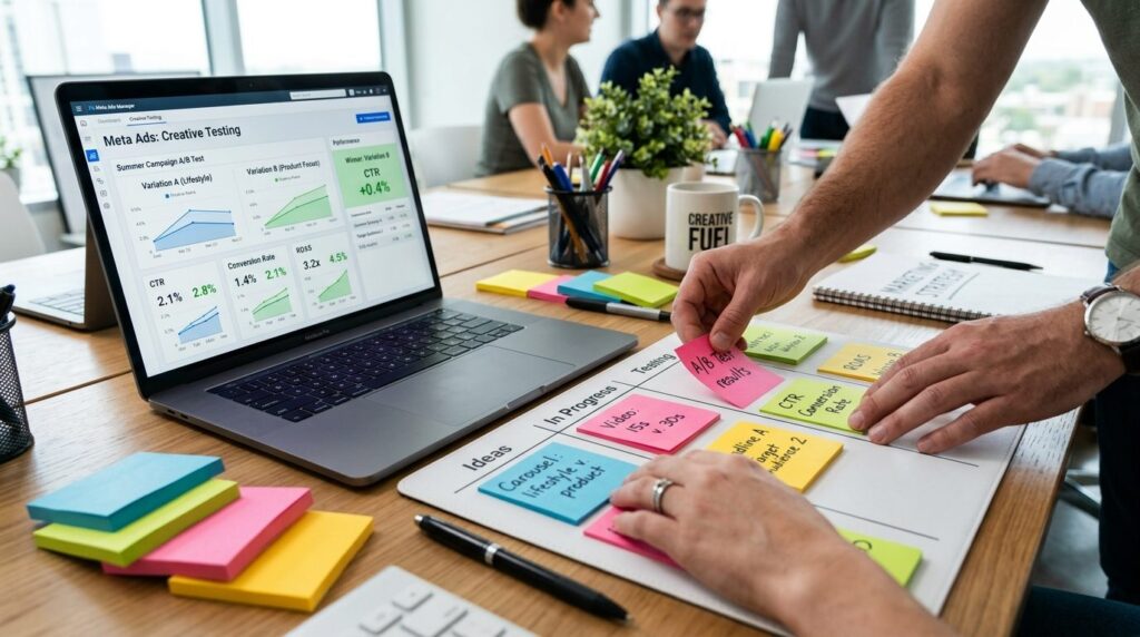 Close-up shot of hands organizing colorful sticky notes on a
