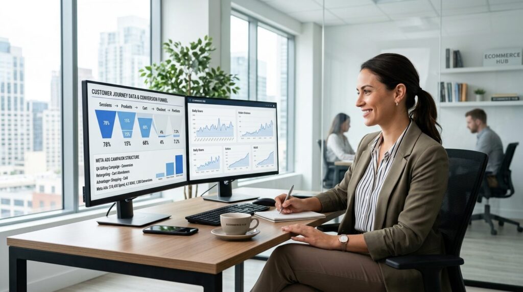 Wide angle view of e-commerce business owner reviewing conve