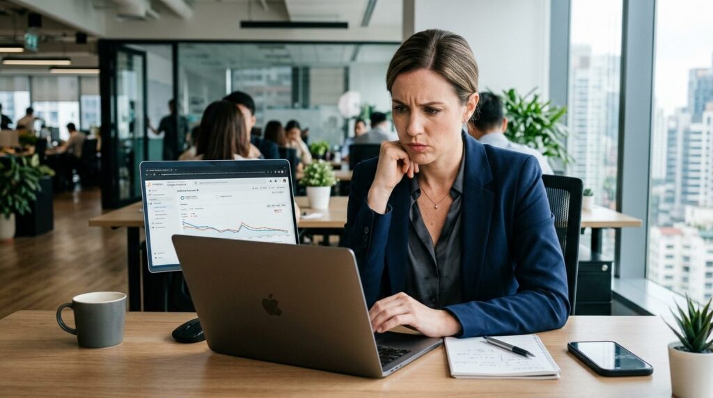 Female marketing director at desk with laptop showing Google