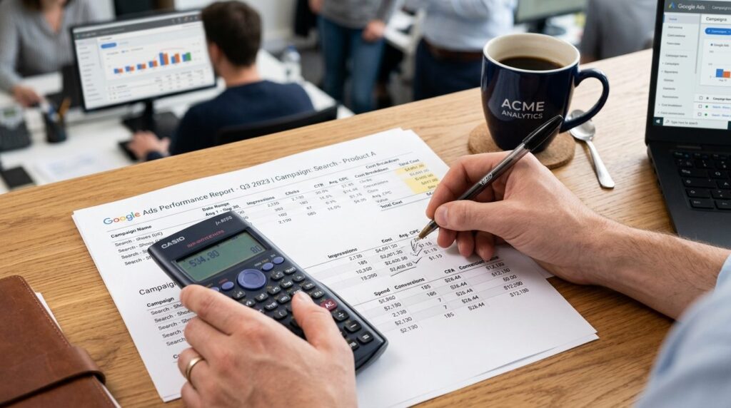 Close-up of hands holding calculator and reviewing printed G