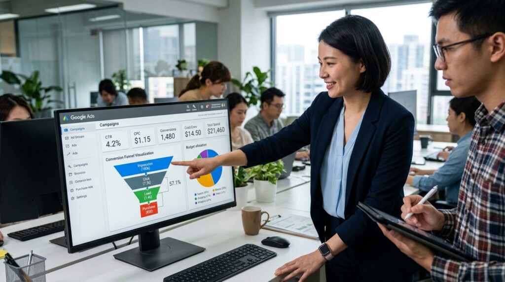 Digital marketing professional pointing at computer screen d