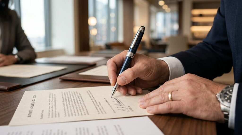 Photorealistic stock image, 16:9 format: Close-up of an exec