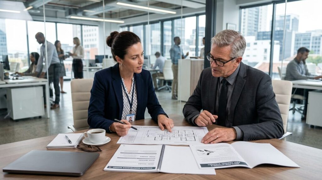 Business meeting scene: facilities manager and property owne