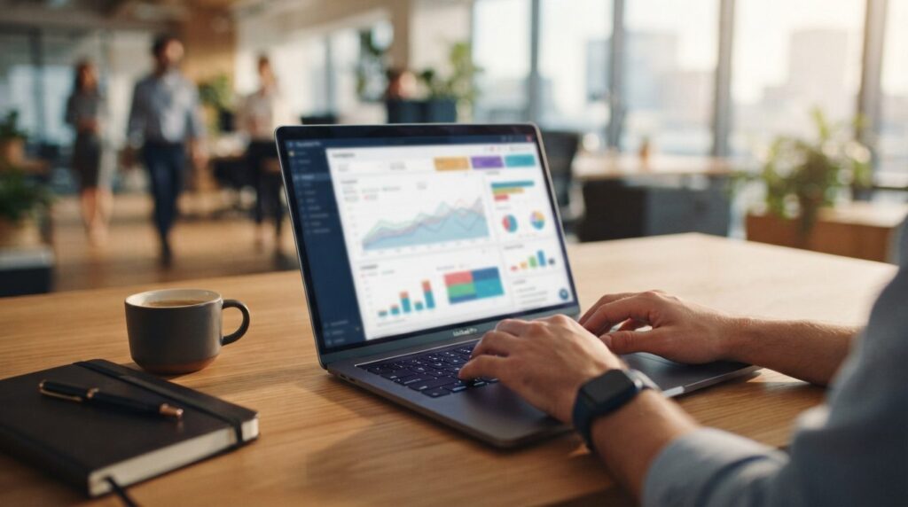 Close-up of business professionals hands working on laptop 