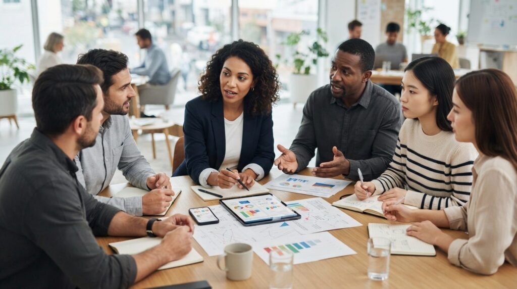 Marketing team collaborating around conference table with sm