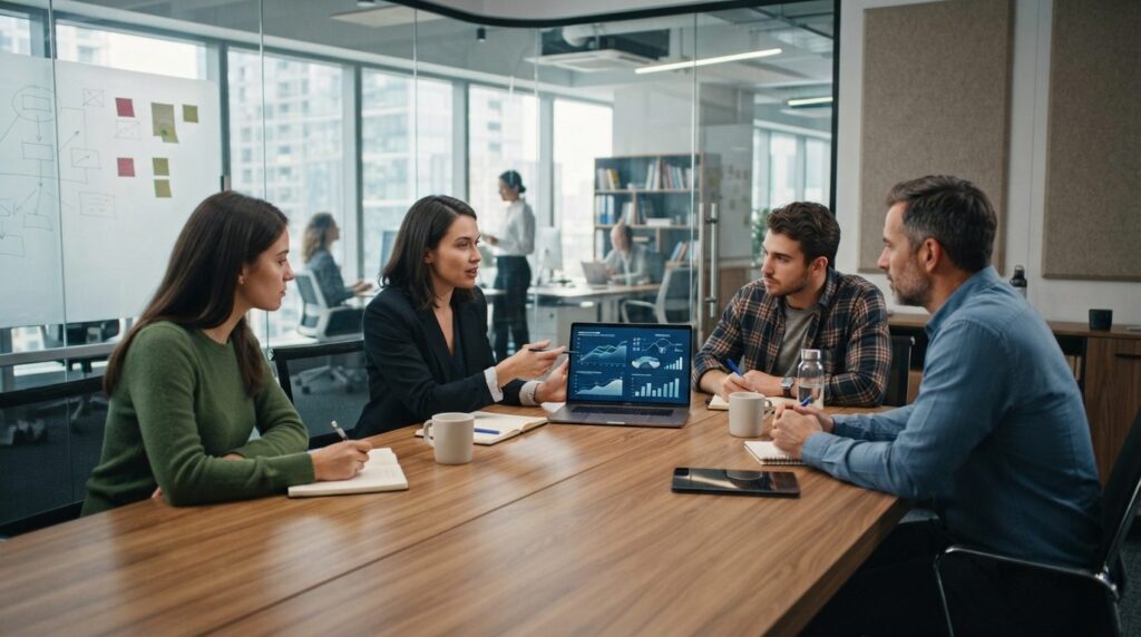 Digital marketing team in meeting room discussing website pe