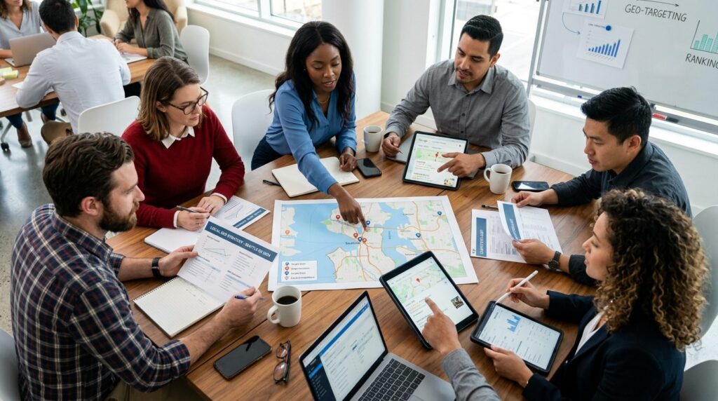 Overhead shot of a business team gathered around a table rev