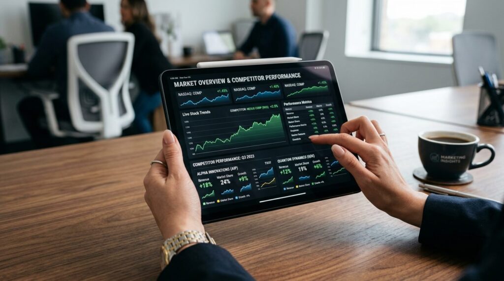 Close-up of a marketing managers hands holding a tablet sho