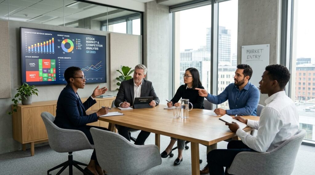 Business team in a conference room reviewing stock market pe