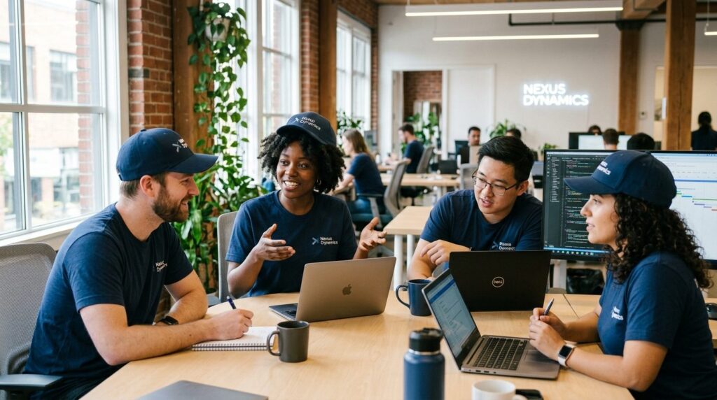 Diverse startup team members wearing coordinated branded bas