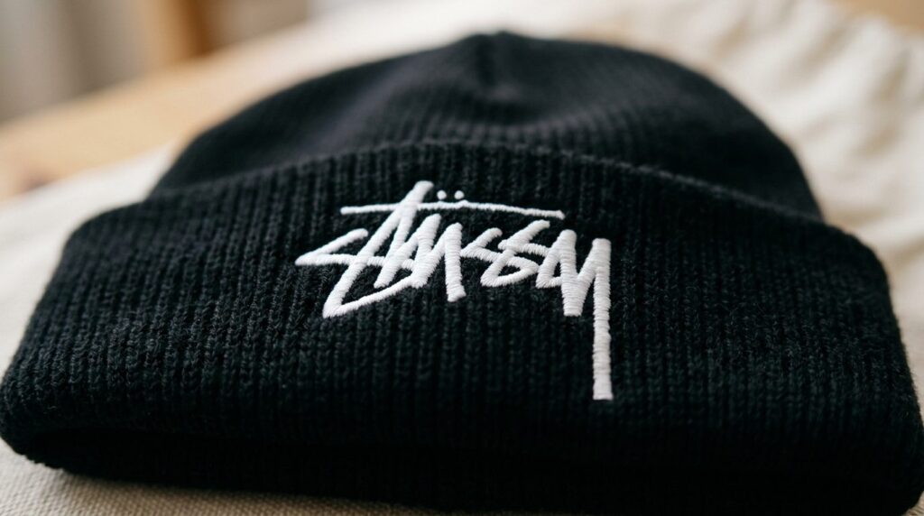 Close-up detail shot of Stussy brand embroidery logo on a bl