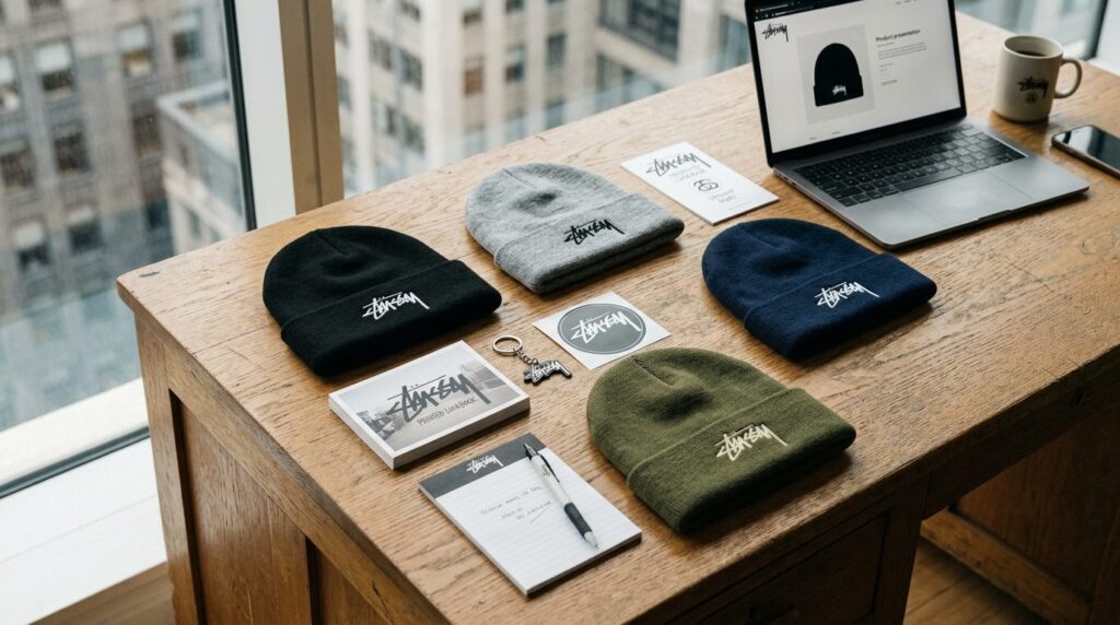 Flat lay composition of multiple Stussy beanies and branded