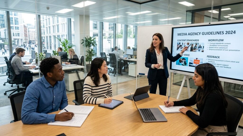 Wide shot of a team meeting in a modern media agency with a 