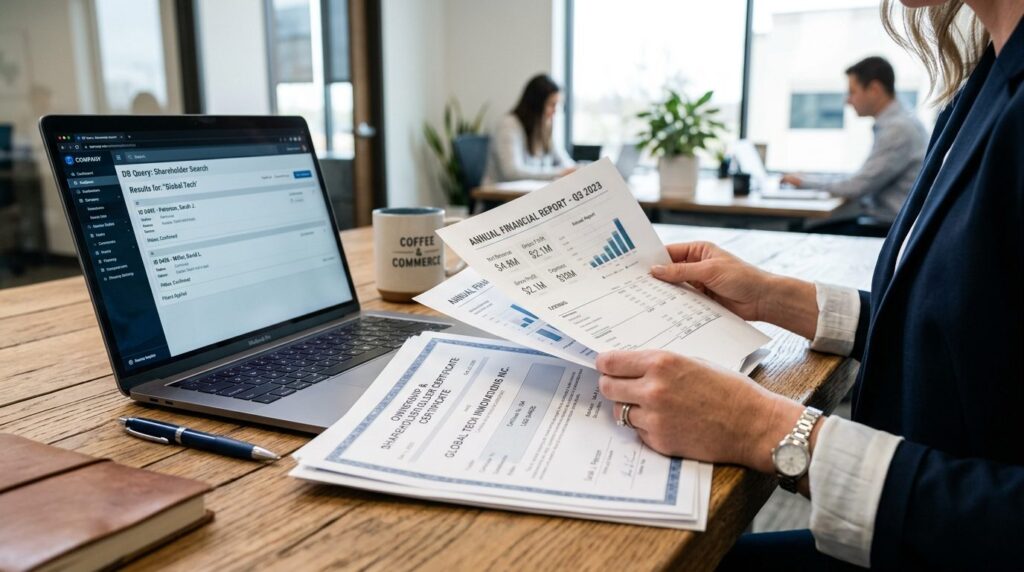 Close-up of hands holding printed financial reports and owne