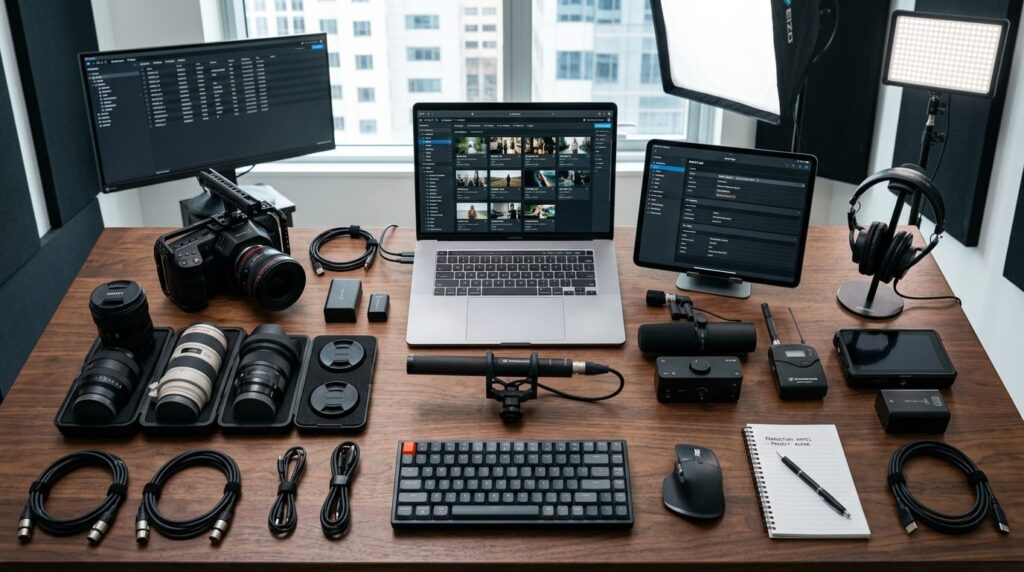 Overhead flat lay photograph of a modern media production wo