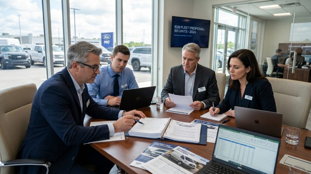Professional negotiation scene: B2B fleet purchase meeting w