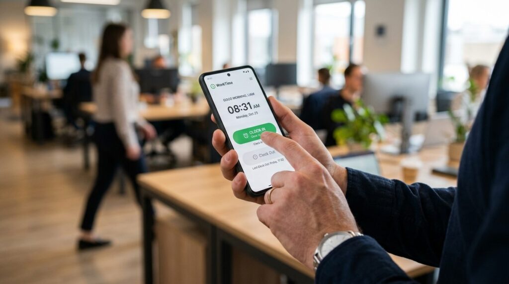 Mands hånd holder smartphone med tidsregistreringsapp på skærmen.
