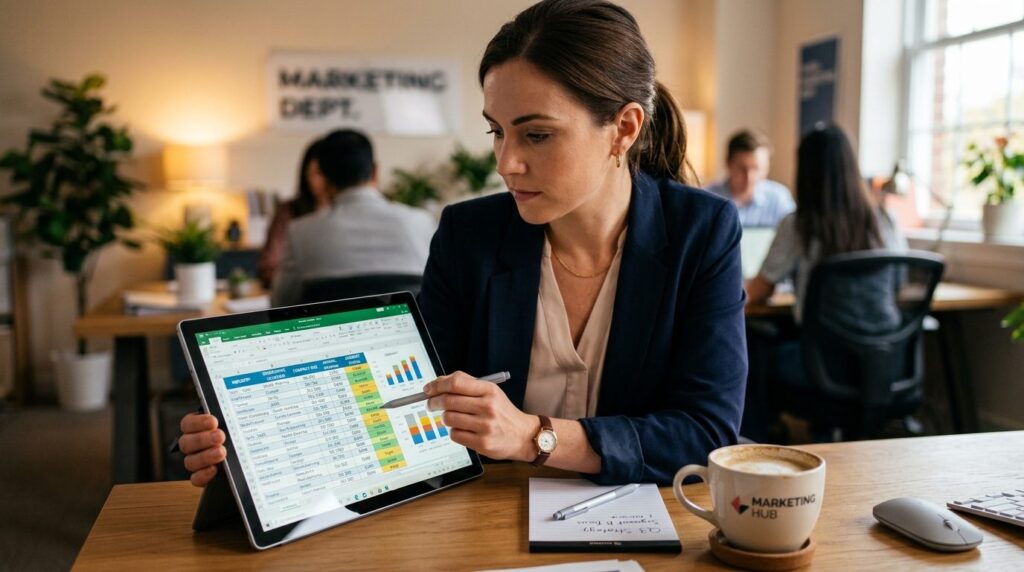 Close-up of a marketing professional reviewing segmented com