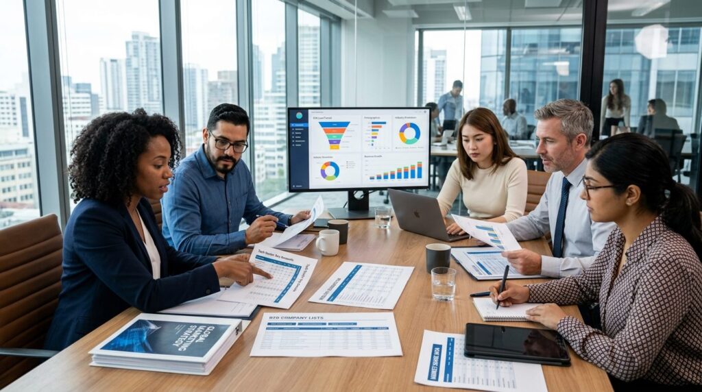 Team of digital marketing specialists collaborating around a