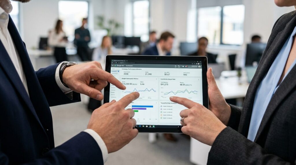 Close-up of hands pointing at a digital tablet showing Googl