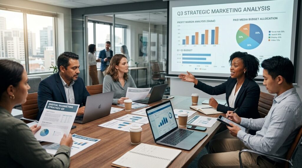 Strategic business meeting: Marketing team collaborating aro