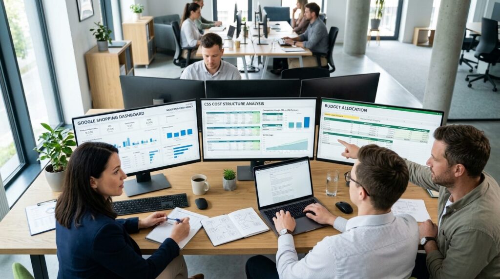 Overhead view of business professionals at a desk with multi
