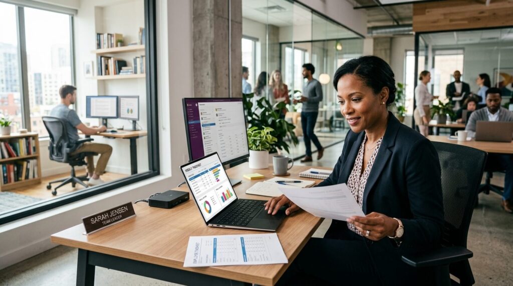 Team leader reviewing documents at desk with laptop showing