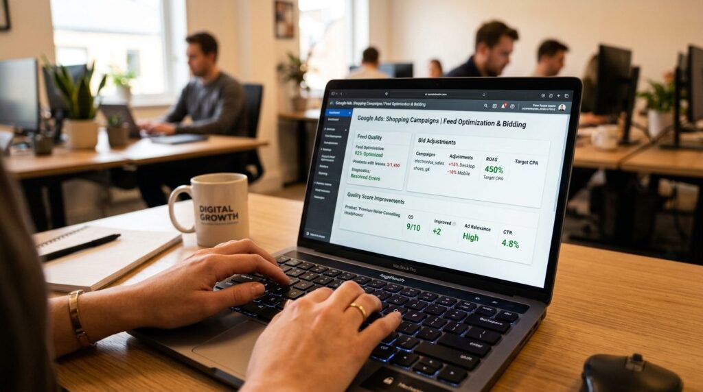 Close-up of hands typing on keyboard with Google Shopping da