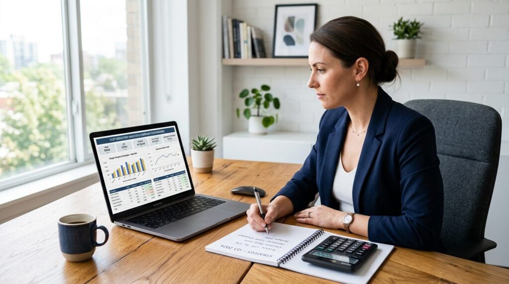 E-commerce business owner analyzing cost reduction strategie