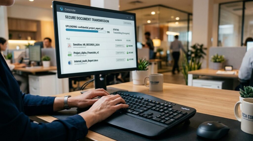Close-up of hands typing on keyboard in corporate setting, s