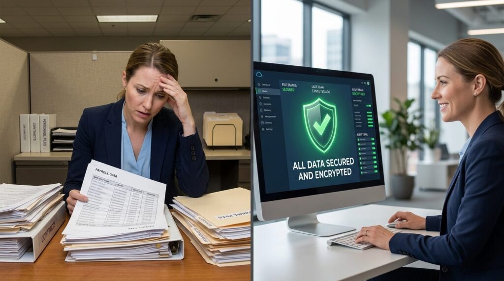 Split-screen concept: left side shows concerned office worke