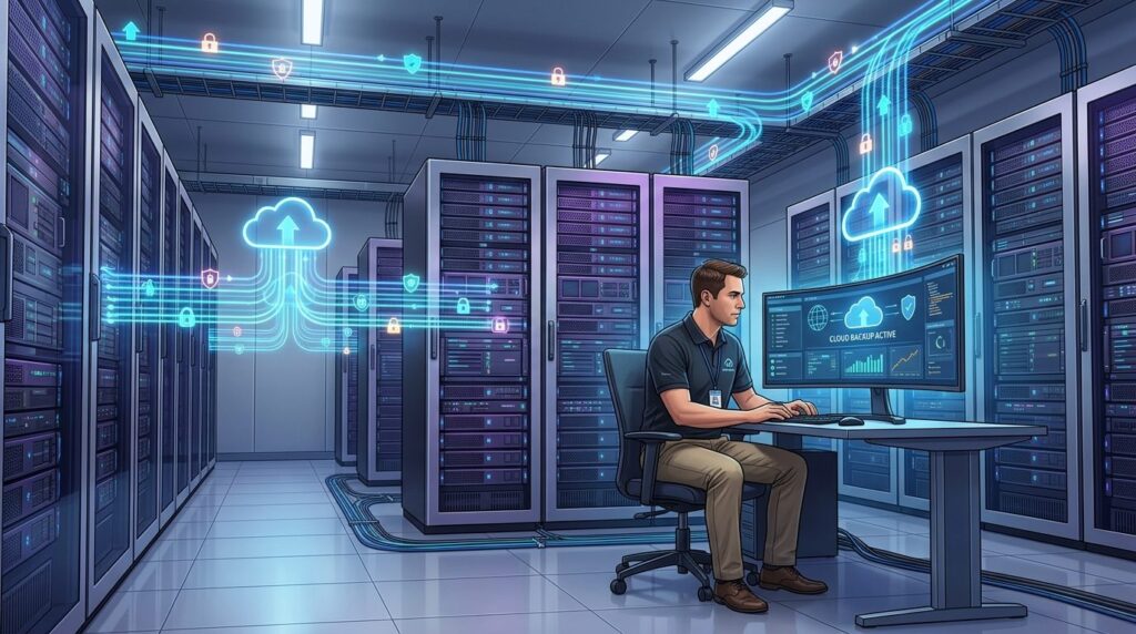 Digital illustration style: network server room with glowing