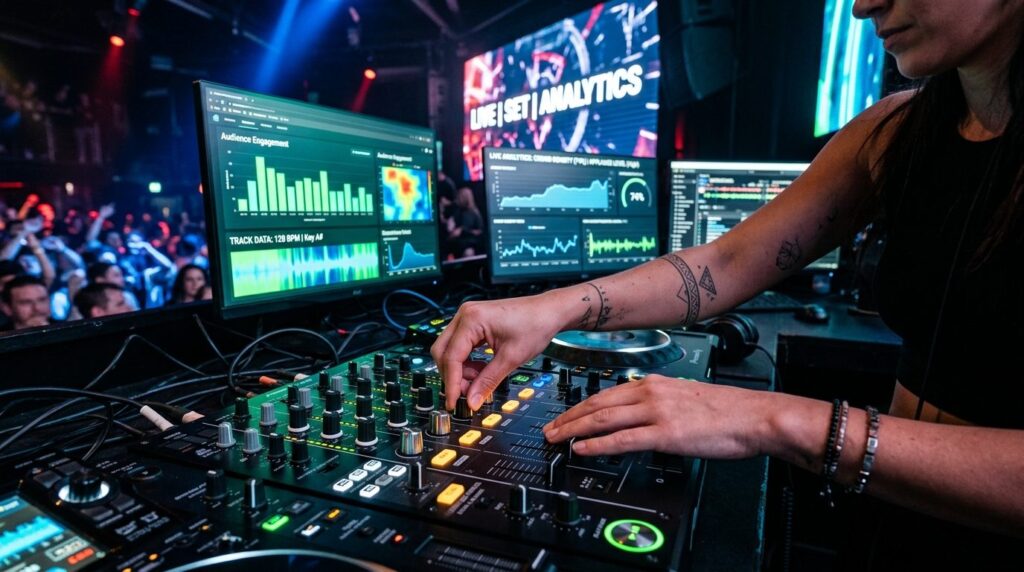 Close-up of a DJs hands adjusting mixing console controls d