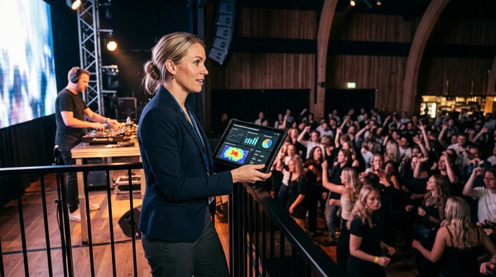 Corporate event manager or marketing professional watching a