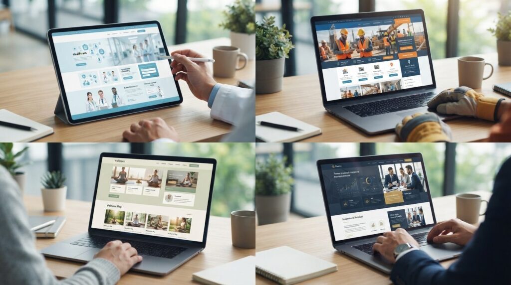 Split-screen comparison of four different professional websi