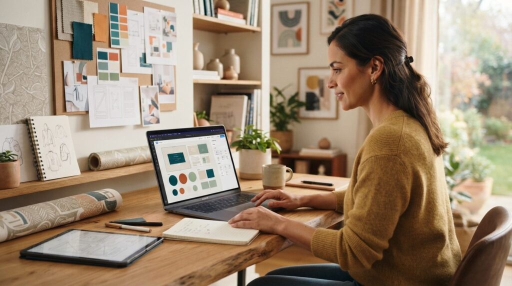Small business owner or entrepreneur sitting at desk with la