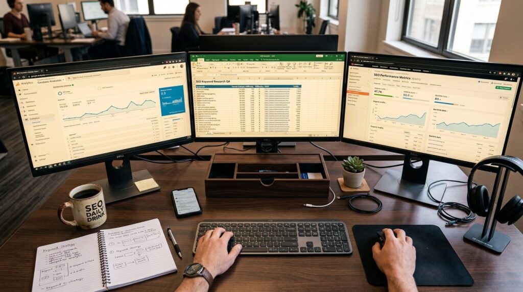 Close-up overhead view of a marketing analysts desk showing