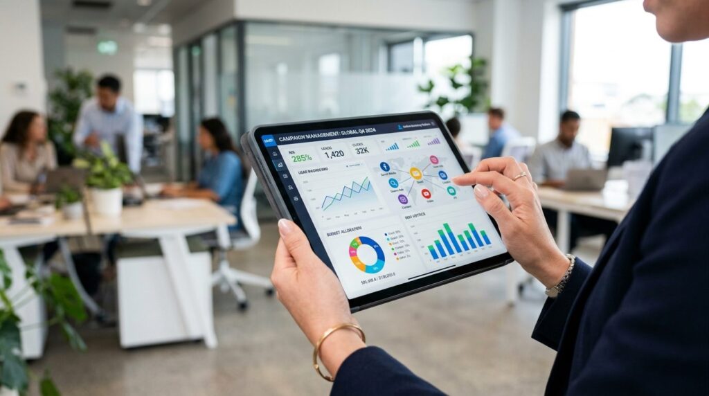 Close-up of marketers hands holding tablet showing unified 