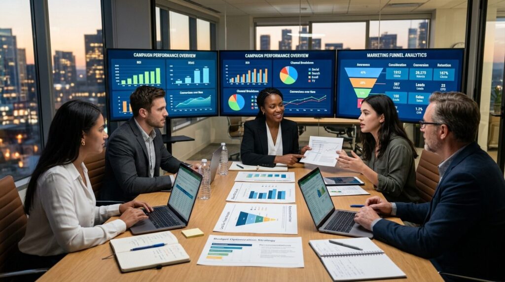 Strategic business meeting with marketing professionals revi
