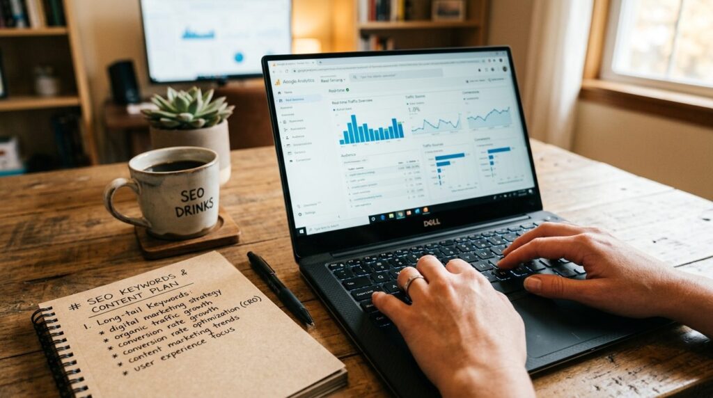 Close-up of hands typing on laptop keyboard with analytics d