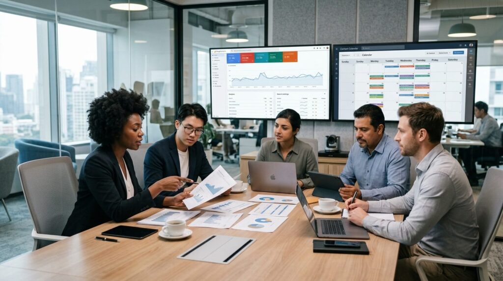 Diverse team of marketing professionals reviewing content st