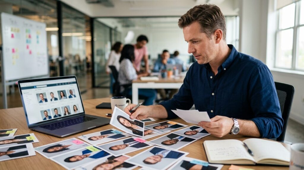 Close-up of a marketing professional man reviewing printed c