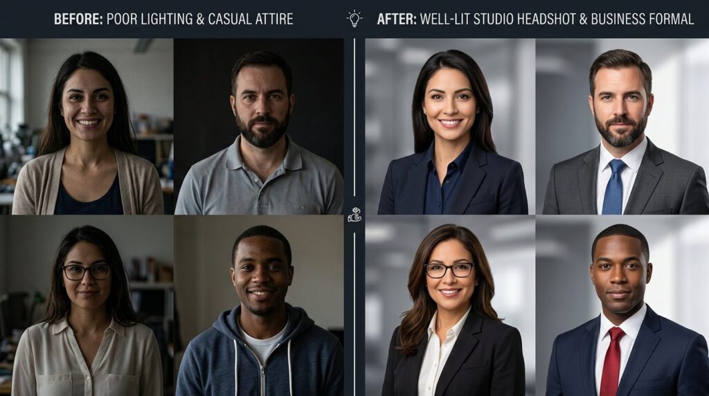 Split screen comparison showing before and after professiona