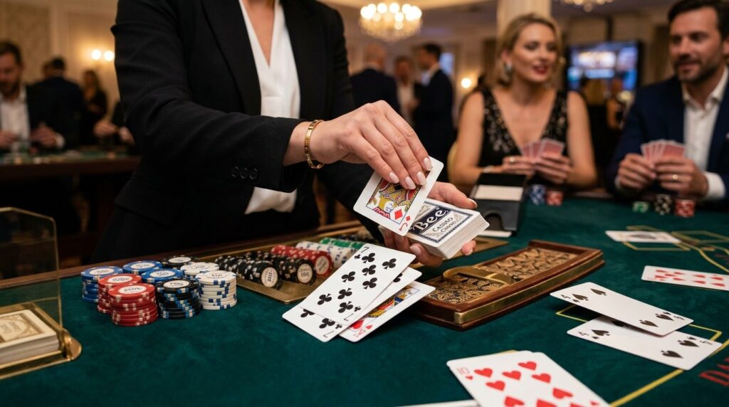 Close-up of professional croupier dealing cards at luxury ca