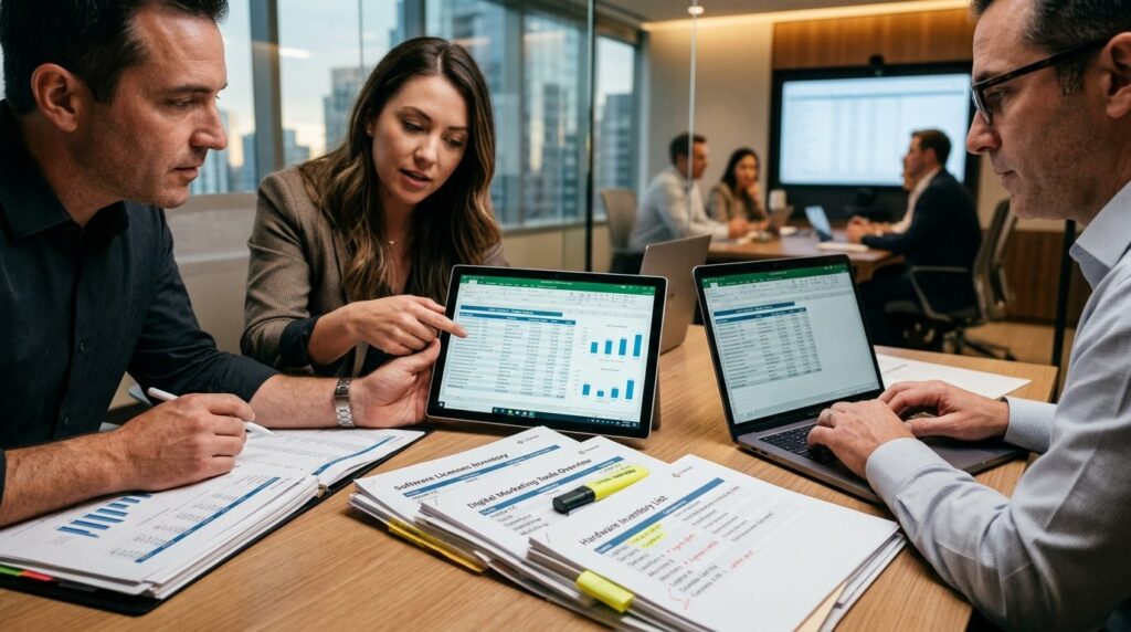 Close-up of business professionals analyzing company assets 