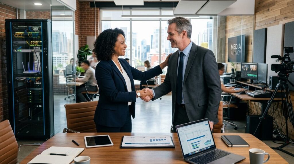 Two business executives in a modern media agency office revi