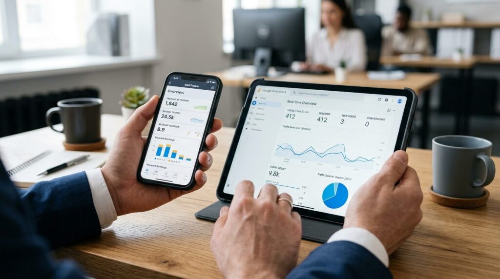 Close-up of businessmans hands holding smartphone and table