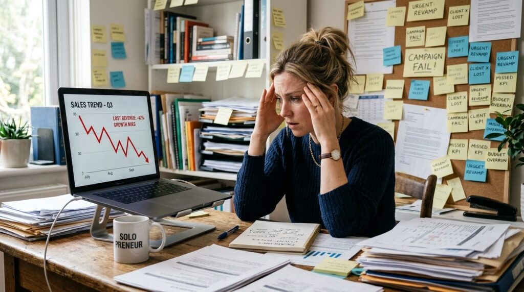 Frustrated marketing executive at desk surrounded by papers 