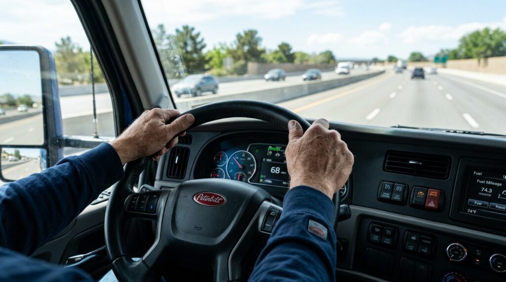 Close-up professional photograph of a truck drivers hands o