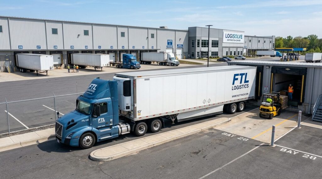 Wide-angle photograph of a commercial trailer truck parked a